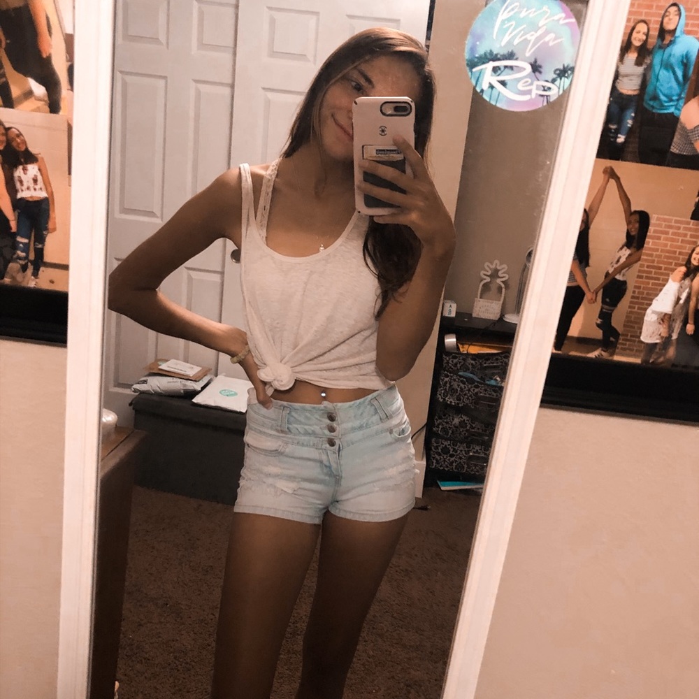 Light blue high waisted ripped jean shorts